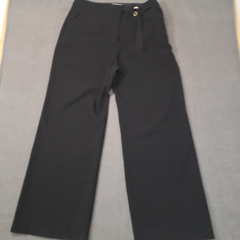 Trina Turk Wide Leg Trousers Womens 16 Black Gold Buckle Belted High‎ Rise Pants